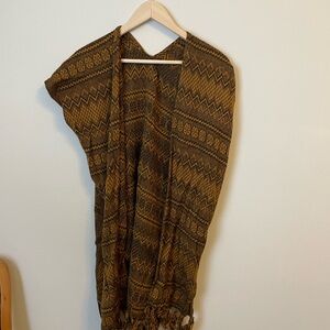 Bohemian Fringe Brown and Black Patterned Kimono Poncho